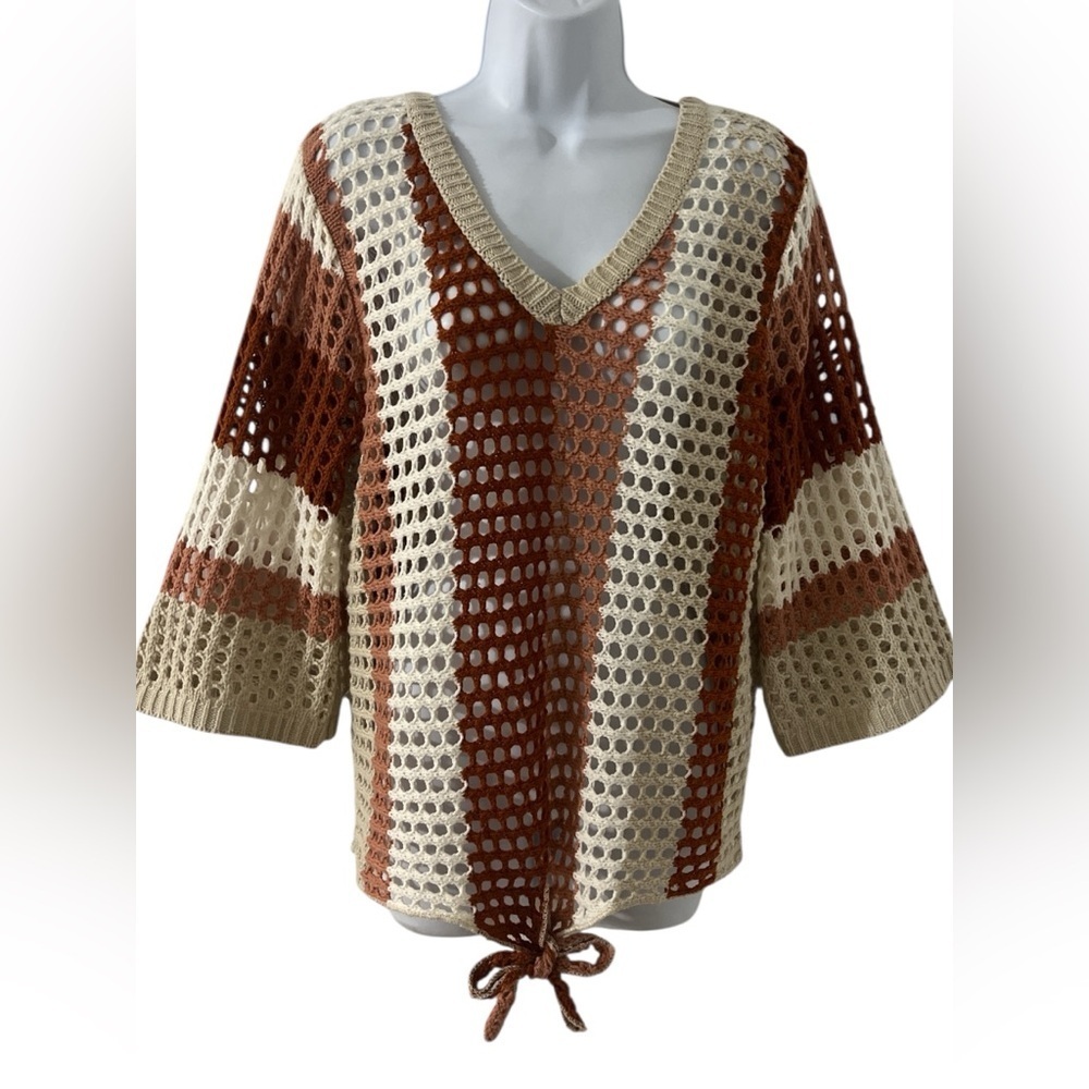 C EST 1946 Womens Size Large
Cream Mauve Open Knit Sweater Tie
Waist Bell Sleeve